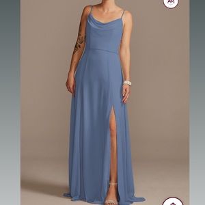 David’s Bridal Cowl Neck Chiffon Bridesmaid Dress with Slit in Steel Blue